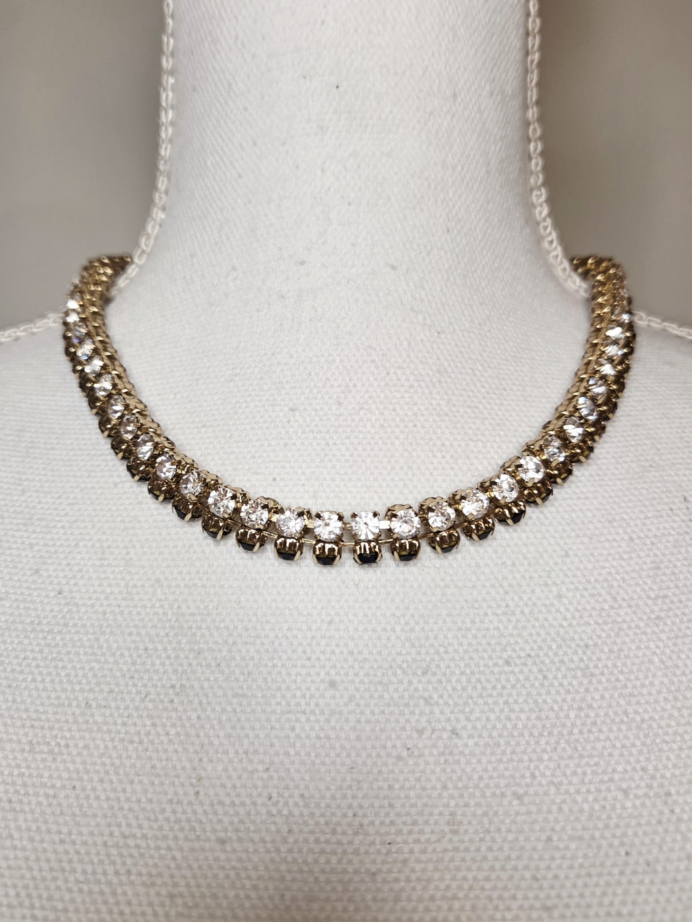 Banana Republic Chunky Coker Necklace Clear Black Rhinestone Gold Tone 18 Inch